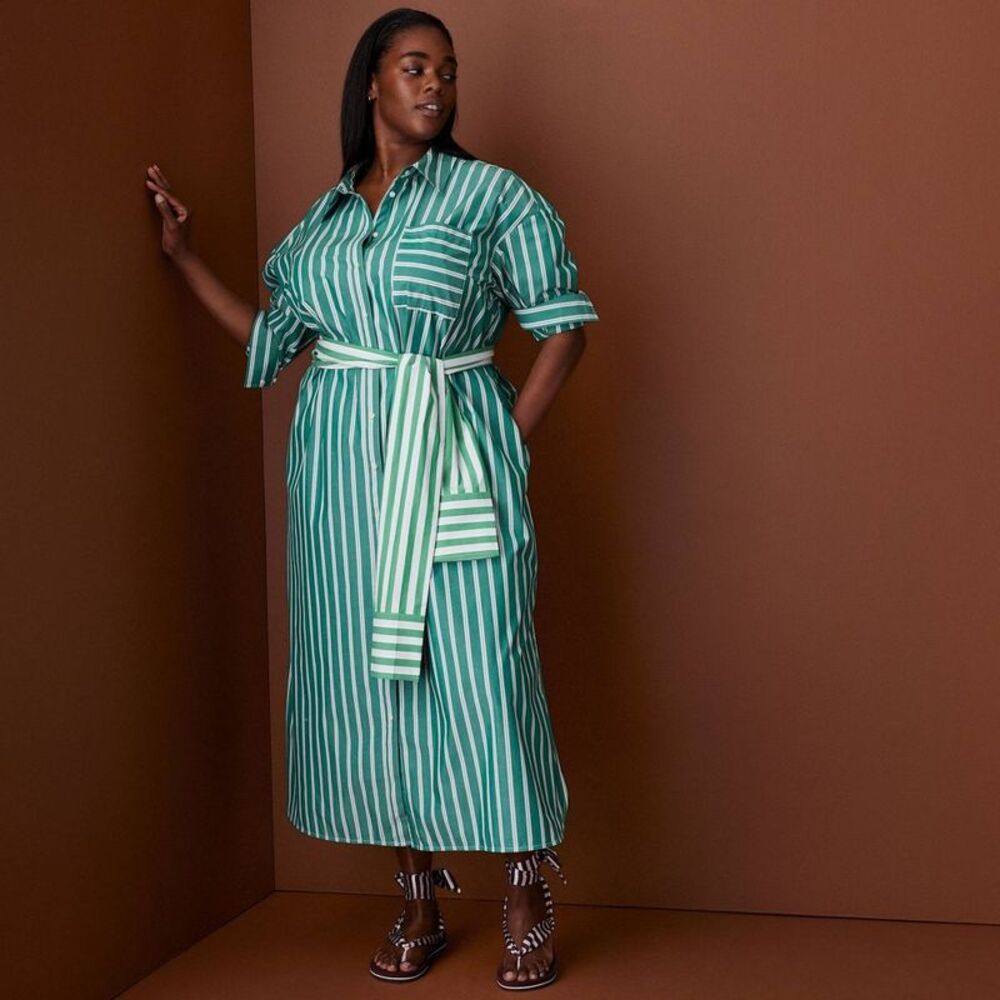 Women's Long Sleeve Tie-Waist Striped Poplin Maxi Shirt Dress - Green 3X